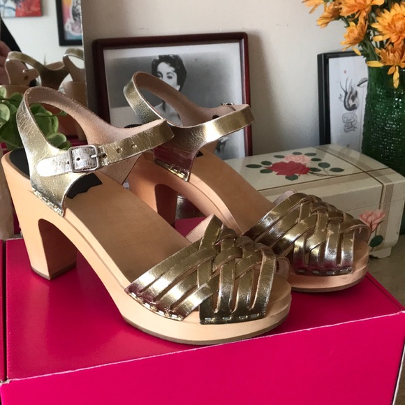 Swedish Hasbeens Shoes - Gold Braided Sky High Swedish Hasbeens